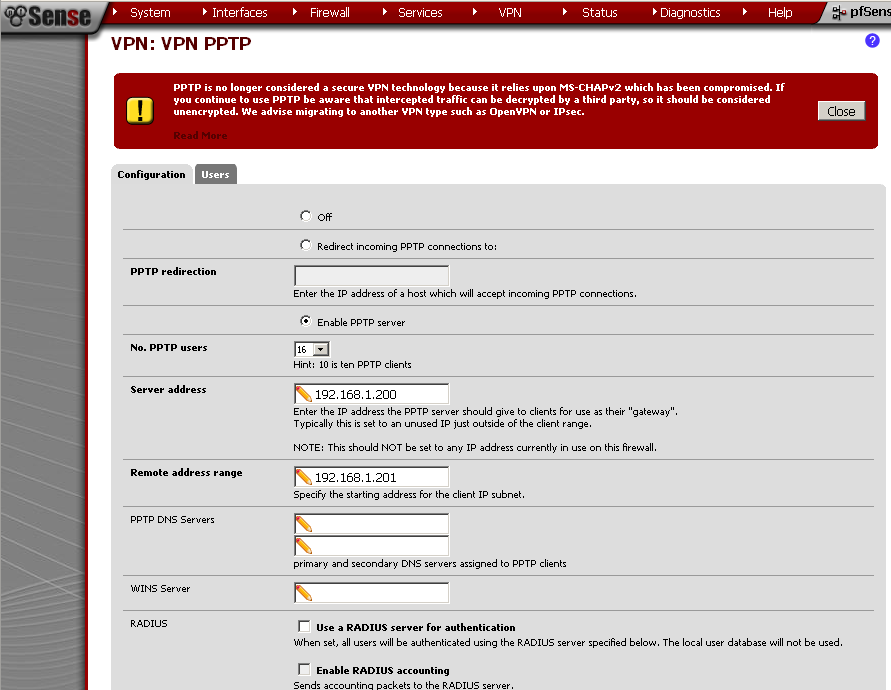 VPN PPTP configuration page in the pfSense GUI.